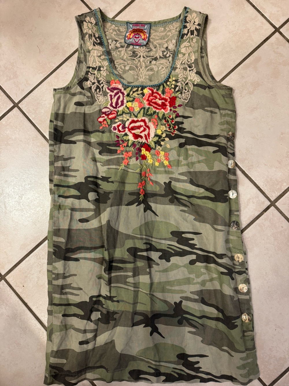 Johnny Was Embroidered Camo Linen Tunic Dress XS Boho Festival